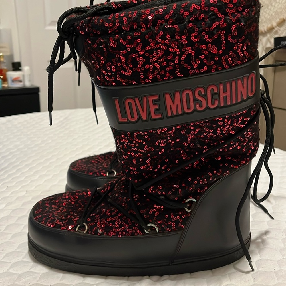 Love Moschino Black and Red Sequin Winter Boots